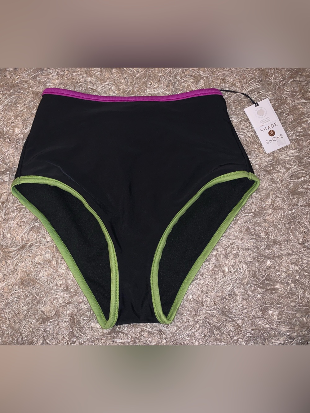 Shade & Shore Black high waist Bikini Bottom with Green & Purple Trim size XS